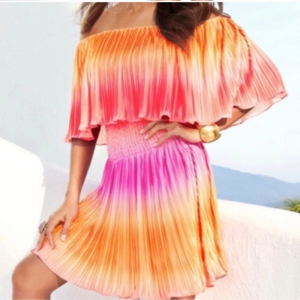 Boston Proper X Muse pink peach ombre shiney off shoulder mini pleats dress sz 6 - Picture 3 of 4